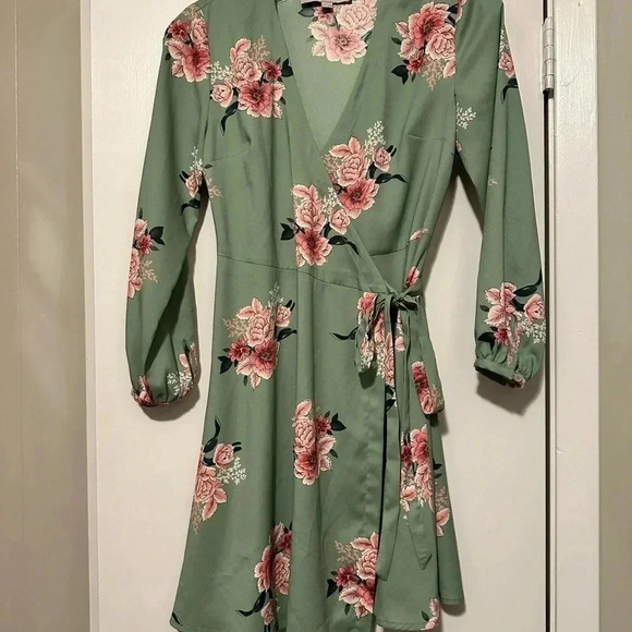 Loft floral midi lightweight light green long sleeve wrap dress size 00P - Picture 4 of 9